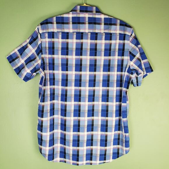 Robert Graham Blue Classic Fit Plaid Button Front Short Sleeve Shirt Size Medium - Picture 2 of 6